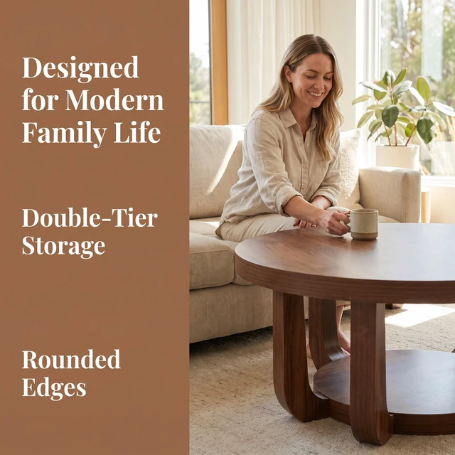 Alt view image 3 of 7 - Round Coffee Table, Coffee Table with Storage Small Accent Tier Circle Center for Living Color, Walnut, MDF