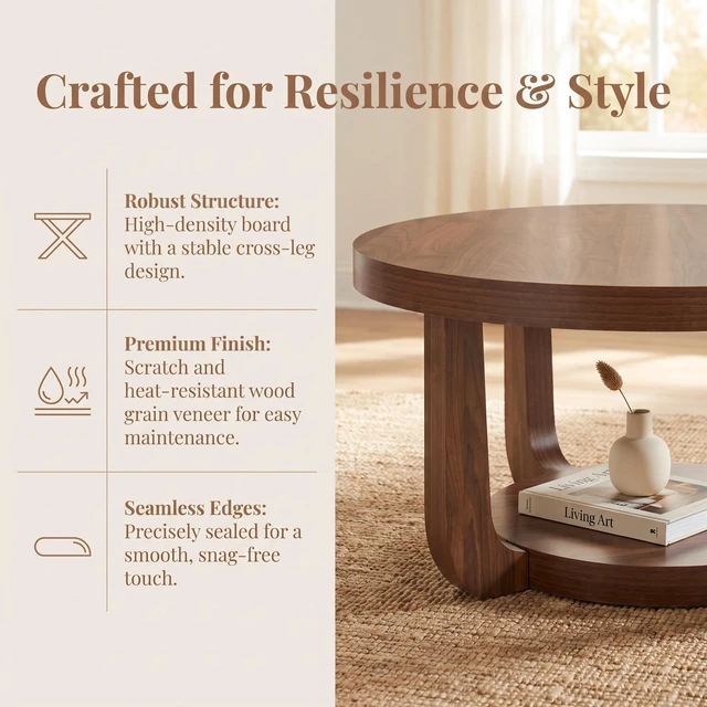 Alt view image 4 of 7 - Round Coffee Table, Coffee Table with Storage Small Accent Tier Circle Center for Living Color, Walnut, MDF