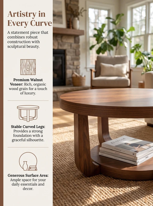 Alt view image 5 of 7 - Round Coffee Table, Coffee Table with Storage Small Accent Tier Circle Center for Living Color, Walnut, MDF