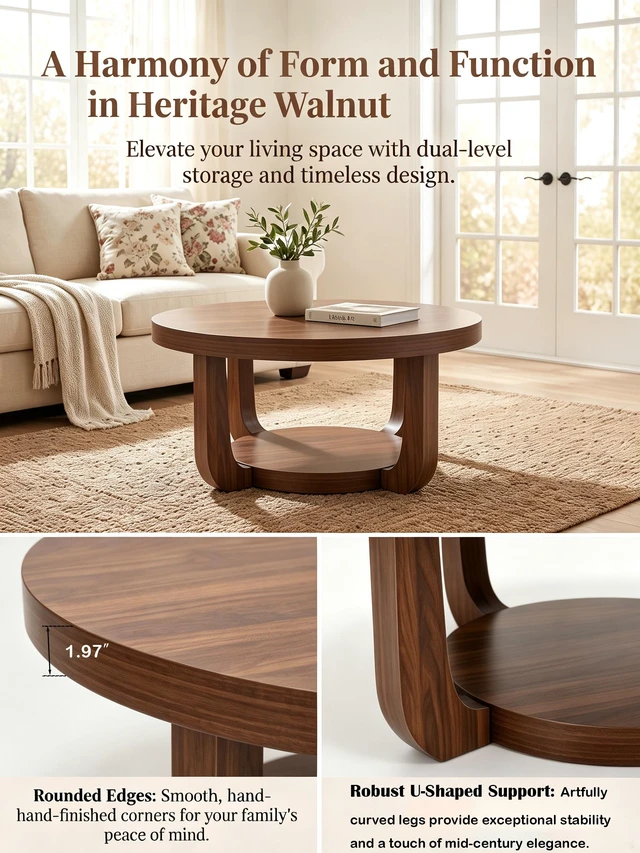 Alt view image 6 of 7 - Round Coffee Table, Coffee Table with Storage Small Accent Tier Circle Center for Living Color, Walnut, MDF