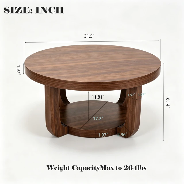 Alt view image 2 of 7 - Round Coffee Table, Coffee Table with Storage Small Accent Tier Circle Center for Living Color, Walnut, MDF