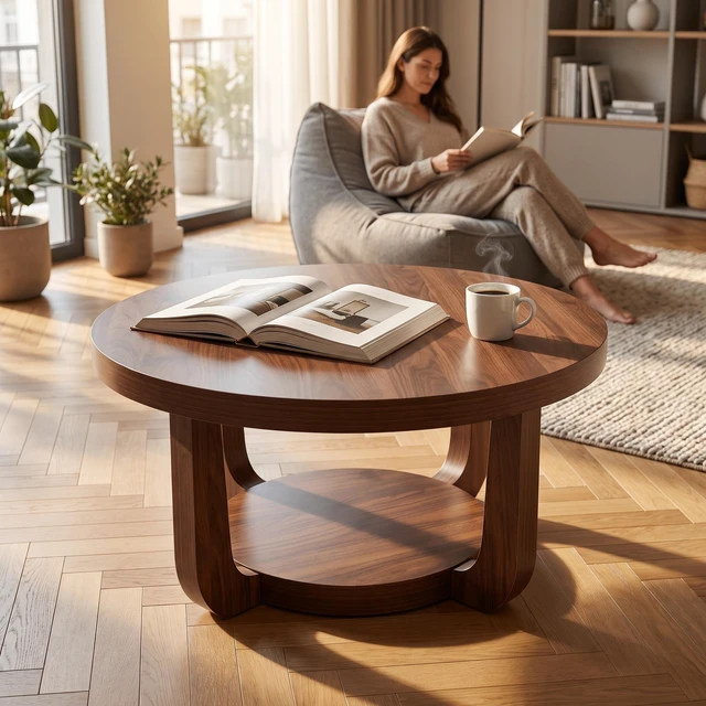 Alt view image 7 of 7 - Round Coffee Table, Coffee Table with Storage Small Accent Tier Circle Center for Living Color, Walnut, MDF