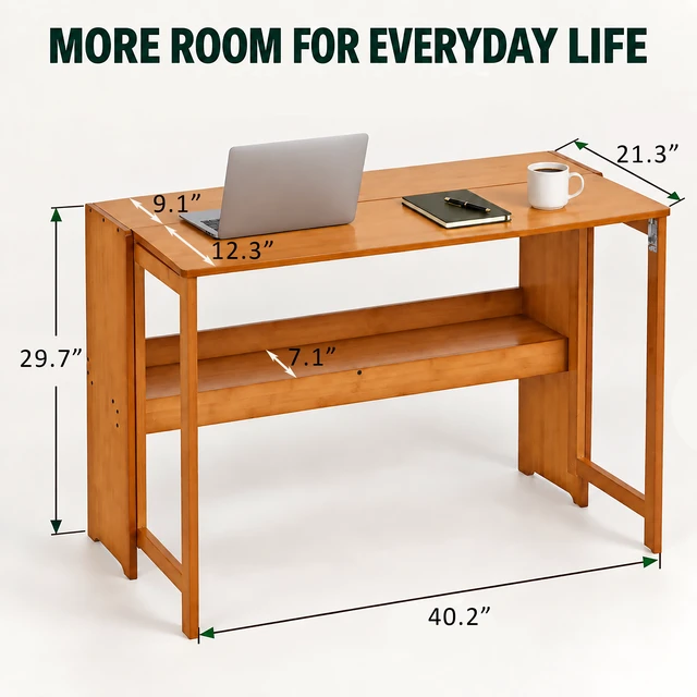 Alt view image 2 of 7 - Bamboo Folding Desk, Space Saving Computer Desk for Small Spaces Foldable Study Table, Brown