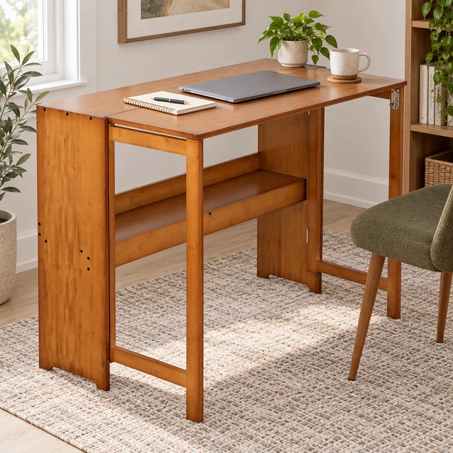 Main image of Bamboo Folding Desk, Space Saving Computer Desk for Small Spaces Foldable Study Table, Brown