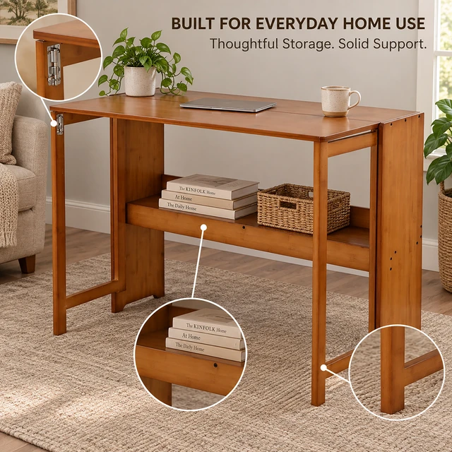 Alt view image 3 of 7 - Bamboo Folding Desk, Space Saving Computer Desk for Small Spaces Foldable Study Table, Brown