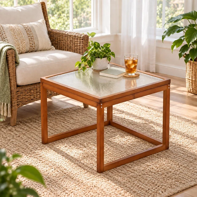 Main image of Small Square Coffee Table, Real Bamboo and Fluted Glass Coffee Table for Living Open Base Living Decor for Small
