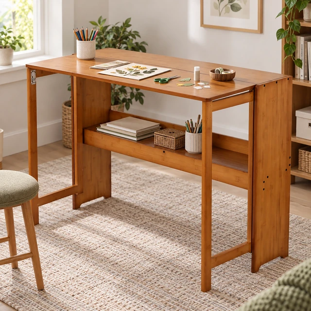 Alt view image 7 of 7 - Bamboo Folding Desk, Space Saving Computer Desk for Small Spaces Foldable Study Table, Brown