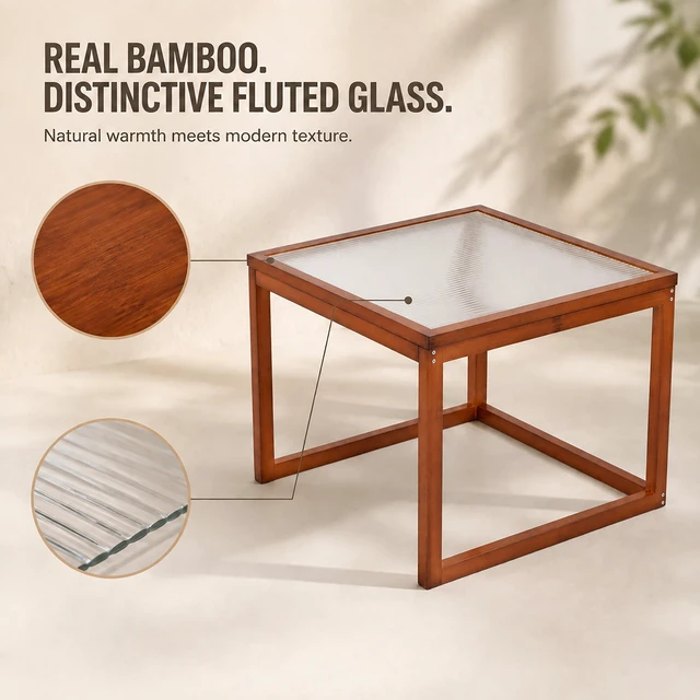 Alt view image 5 of 7 - Small Square Coffee Table, Real Bamboo and Fluted Glass Coffee Table for Living Open Base Living Decor for Small