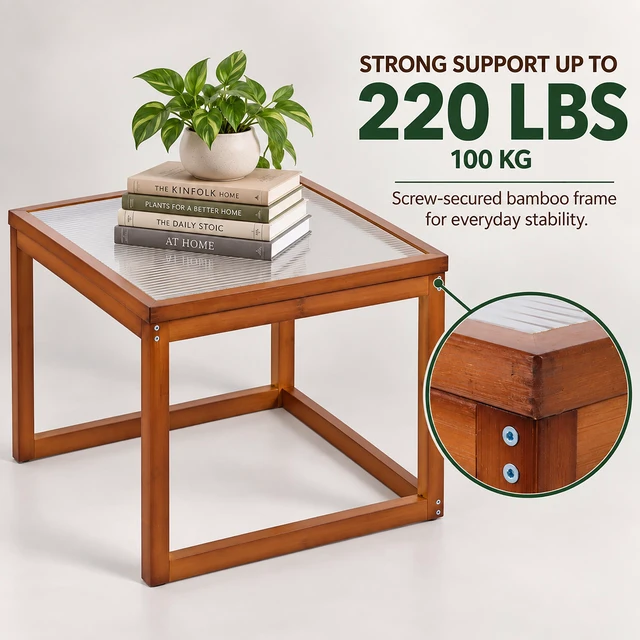 Alt view image 3 of 7 - Small Square Coffee Table, Real Bamboo and Fluted Glass Coffee Table for Living Open Base Living Decor for Small