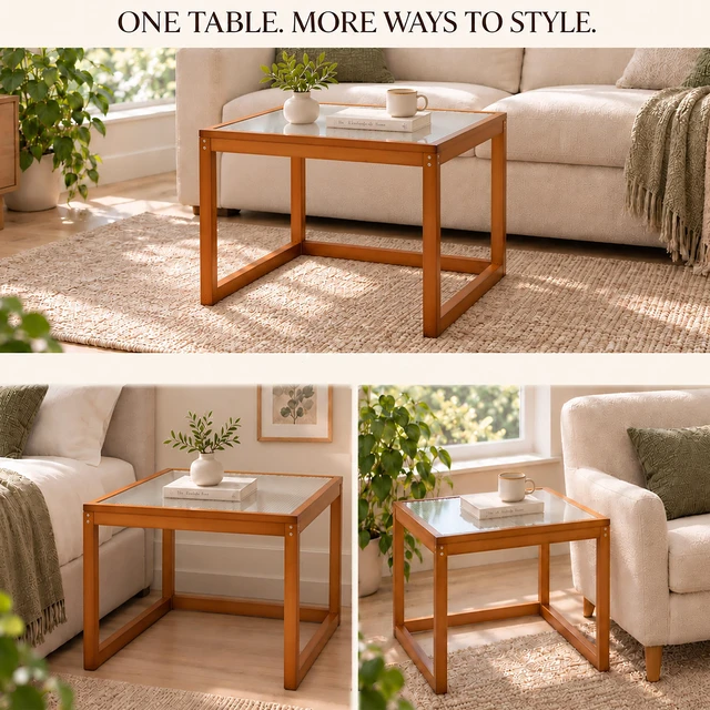 Alt view image 4 of 7 - Small Square Coffee Table, Real Bamboo and Fluted Glass Coffee Table for Living Open Base Living Decor for Small
