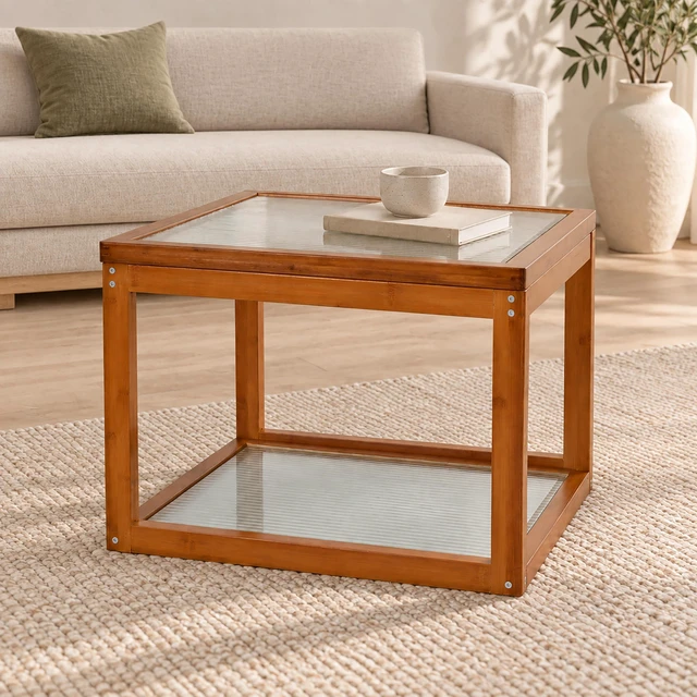 Main image of Small Square Coffee Table, Coffee Table with Storage 2 Tier Real Bamboo and Fluted Glass for Living for
