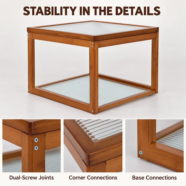 Alt view image 3 of 7 - Small Square Coffee Table, Coffee Table with Storage 2 Tier Real Bamboo and Fluted Glass for Living for