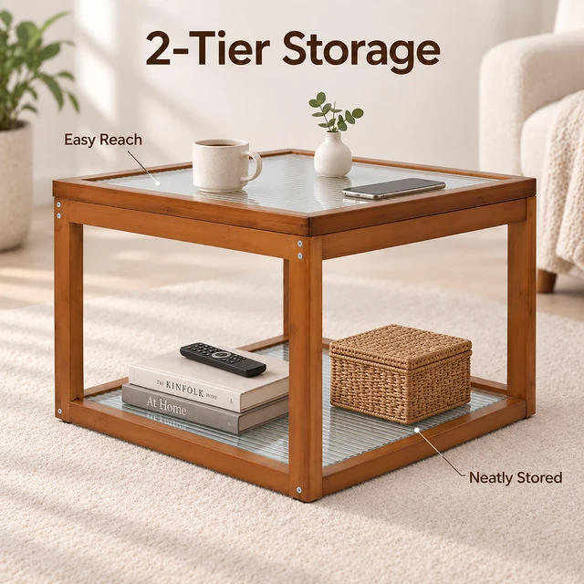 Alt view image 5 of 7 - Small Square Coffee Table, Coffee Table with Storage 2 Tier Real Bamboo and Fluted Glass for Living for