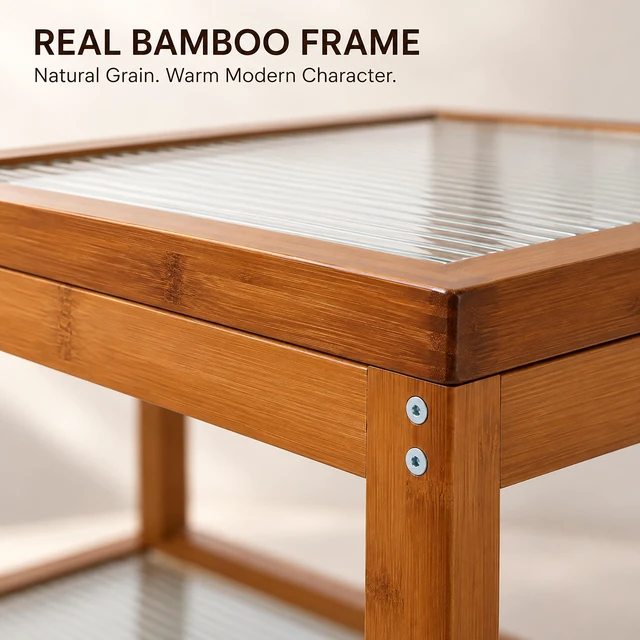 Alt view image 4 of 7 - Small Square Coffee Table, Coffee Table with Storage 2 Tier Real Bamboo and Fluted Glass for Living for