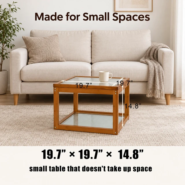 Alt view image 2 of 7 - Small Square Coffee Table, Coffee Table with Storage 2 Tier Real Bamboo and Fluted Glass for Living for