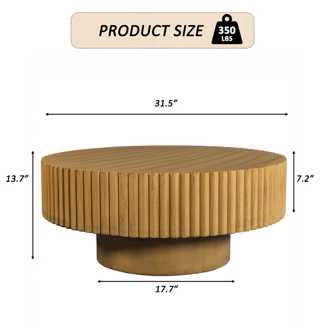 Alt view image 2 of 7 - 31.5 Inch Round Wood Coffee Table, Fluted Drum Tea Table Retro Circle Center for Living, Natural, Pine