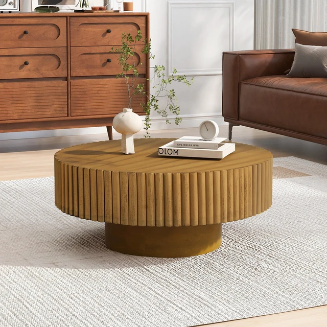 Main image of 31.5 Inch Round Wood Coffee Table, Fluted Drum Tea Table Retro Circle Center for Living, Natural, Pine