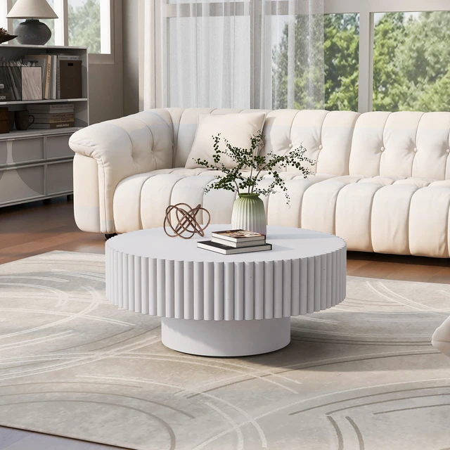 Main image of 31.5 Inch Round Wood Coffee Table, Fluted Drum Tea Table Retro Circle Center for Living Retro, White, Pine