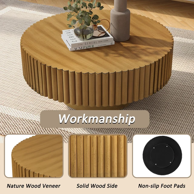Alt view image 6 of 7 - 31.5 Inch Round Wood Coffee Table, Fluted Drum Tea Table Retro Circle Center for Living, Natural, Pine