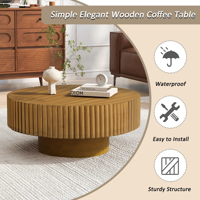 Alt view image 7 of 7 - 31.5 Inch Round Wood Coffee Table, Fluted Drum Tea Table Retro Circle Center for Living, Natural, Pine