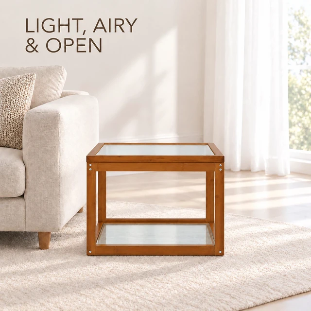 Alt view image 7 of 7 - Small Square Coffee Table, Coffee Table with Storage 2 Tier Real Bamboo and Fluted Glass for Living for
