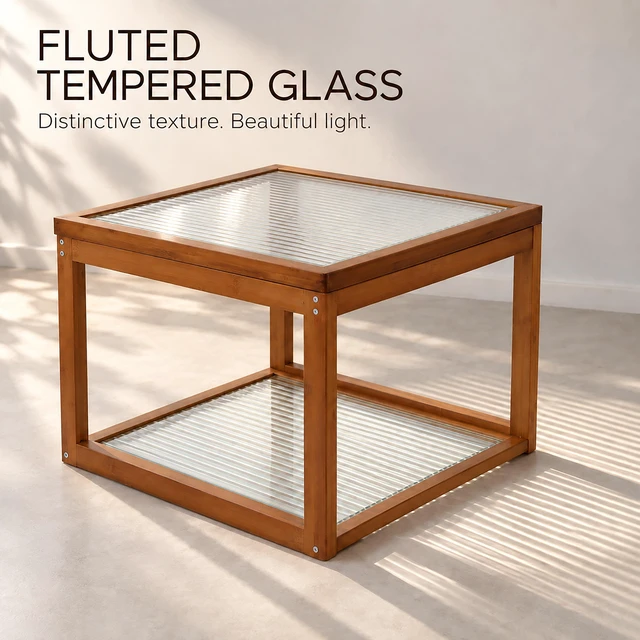 Alt view image 6 of 7 - Small Square Coffee Table, Coffee Table with Storage 2 Tier Real Bamboo and Fluted Glass for Living for