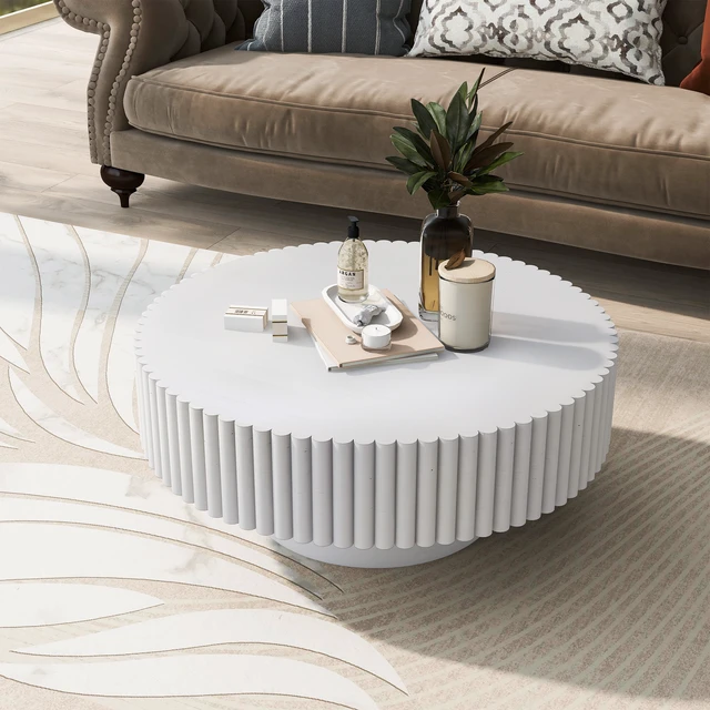 Alt view image 3 of 7 - 31.5 Inch Round Wood Coffee Table, Fluted Drum Tea Table Retro Circle Center for Living Retro, White, Pine
