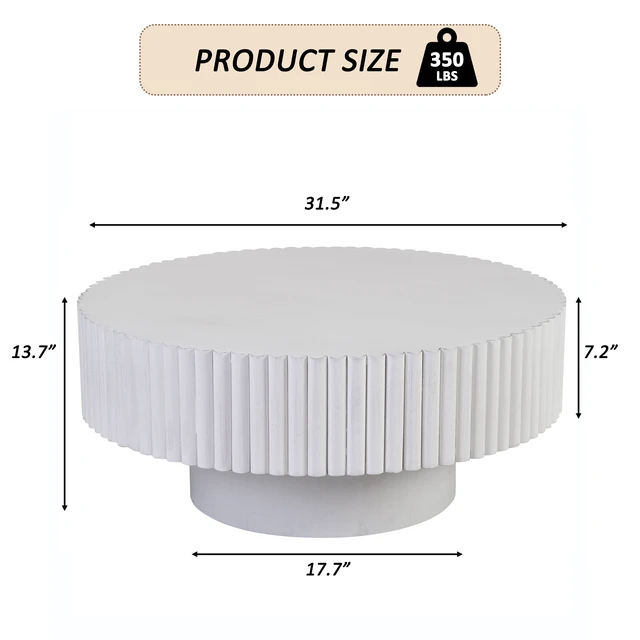 Alt view image 2 of 7 - 31.5 Inch Round Wood Coffee Table, Fluted Drum Tea Table Retro Circle Center for Living Retro, White, Pine