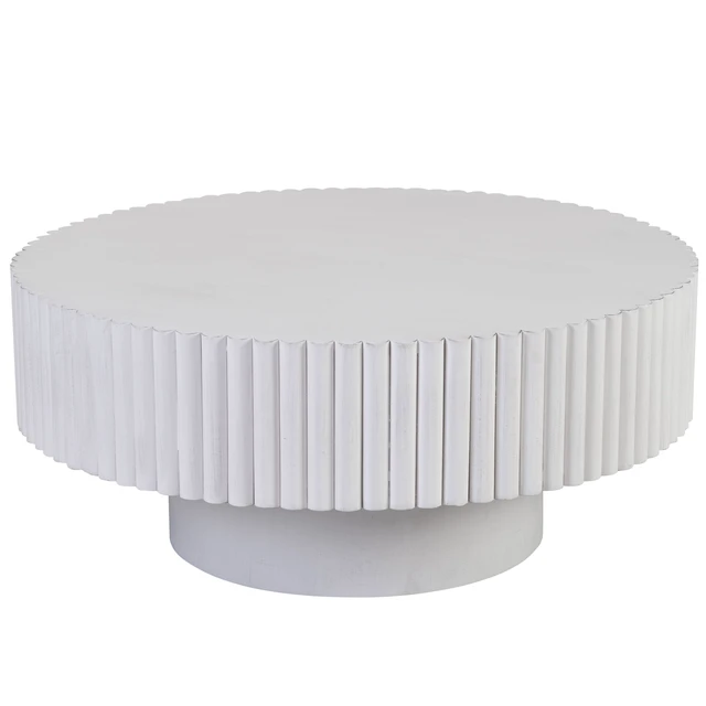 Alt view image 6 of 7 - 31.5 Inch Round Wood Coffee Table, Fluted Drum Tea Table Retro Circle Center for Living Retro, White, Pine