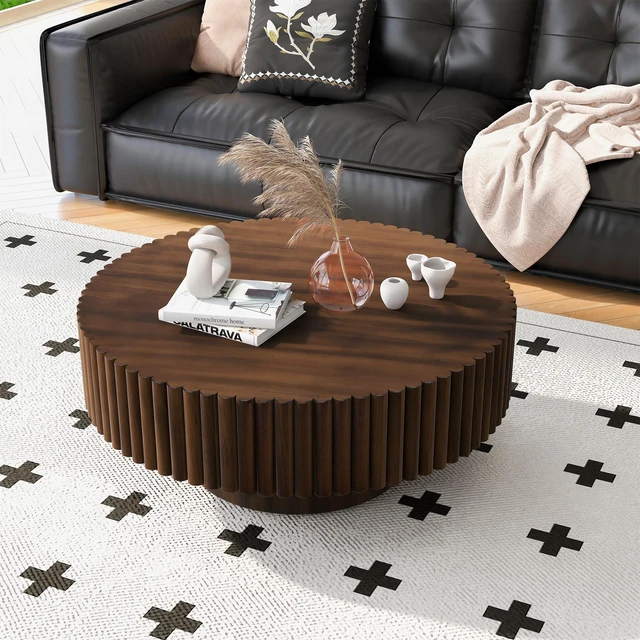 Alt view image 3 of 7 - 31.5 Inch Round Wood Coffee Table, Fluted Drum Tea Table Retro Circle Center for Living, Walnut, Pine