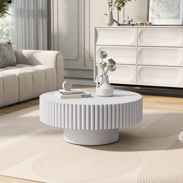 Alt view image 4 of 7 - 31.5 Inch Round Wood Coffee Table, Fluted Drum Tea Table Retro Circle Center for Living Retro, White, Pine