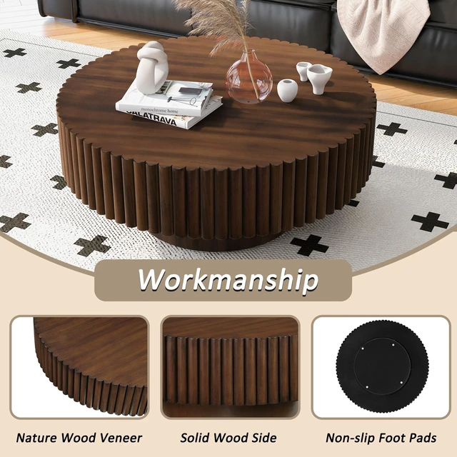 Alt view image 4 of 7 - 31.5 Inch Round Wood Coffee Table, Fluted Drum Tea Table Retro Circle Center for Living, Walnut, Pine