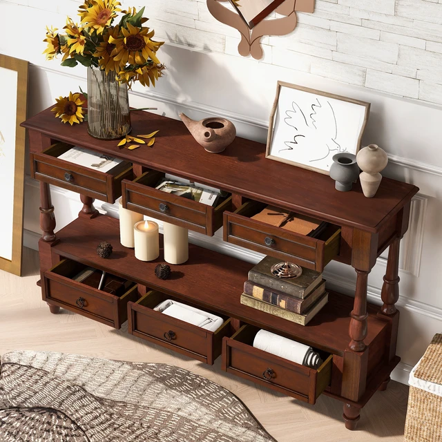 Alt view image 2 of 7 - Solid Console Table with 6 Drawers and Shelf, Tier Couch Table for Living Entrance, Cherry, Pine