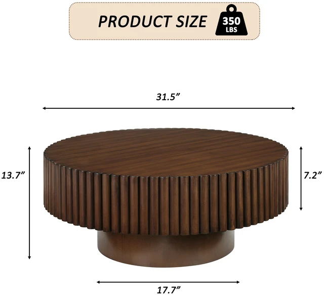 Alt view image 7 of 7 - 31.5 Inch Round Wood Coffee Table, Fluted Drum Tea Table Retro Circle Center for Living, Walnut, Pine
