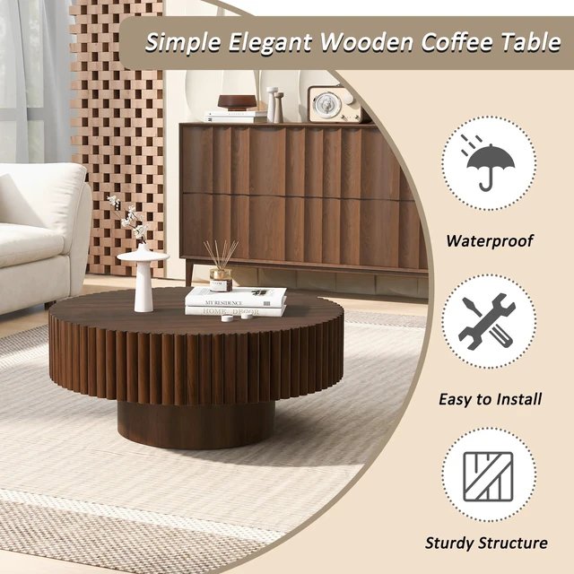 Alt view image 5 of 7 - 31.5 Inch Round Wood Coffee Table, Fluted Drum Tea Table Retro Circle Center for Living, Walnut, Pine