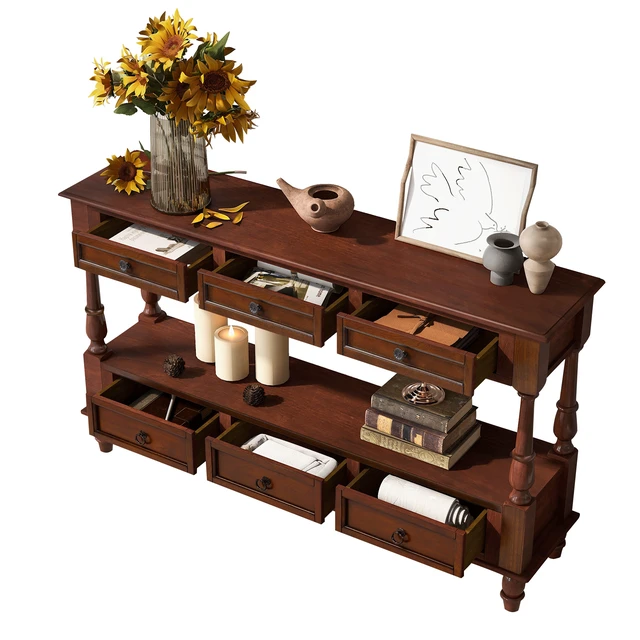 Alt view image 4 of 7 - Solid Console Table with 6 Drawers and Shelf, Tier Couch Table for Living Entrance, Cherry, Pine