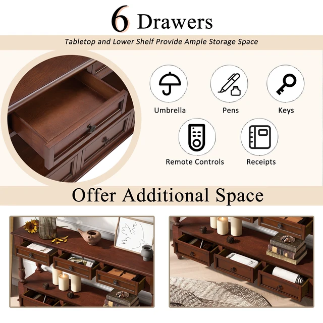 Alt view image 6 of 7 - Solid Console Table with 6 Drawers and Shelf, Tier Couch Table for Living Entrance, Cherry, Pine