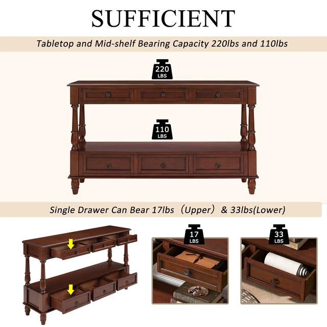 Alt view image 7 of 7 - Solid Console Table with 6 Drawers and Shelf, Tier Couch Table for Living Entrance, Cherry, Pine