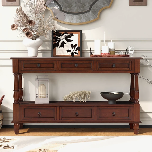 Main image of Solid Console Table with 6 Drawers and Shelf, Tier Couch Table for Living Entrance, Cherry, Pine