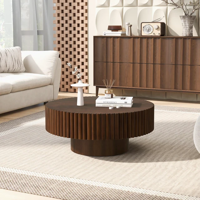 Alt view image 6 of 7 - 31.5 Inch Round Wood Coffee Table, Fluted Drum Tea Table Retro Circle Center for Living, Walnut, Pine