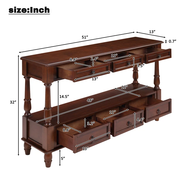 Alt view image 3 of 7 - Solid Console Table with 6 Drawers and Shelf, Tier Couch Table for Living Entrance, Cherry, Pine