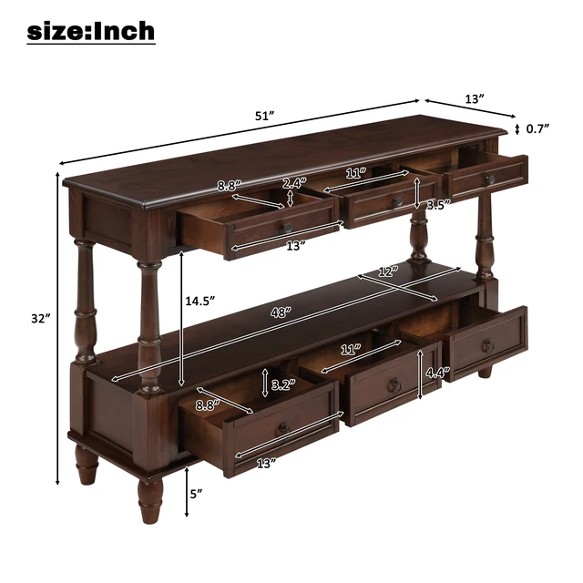 Alt view image 4 of 7 - Solid Console Table with 6 Drawers and Shelf, Tier Couch Table for Living Entrance, Espresso, Pine