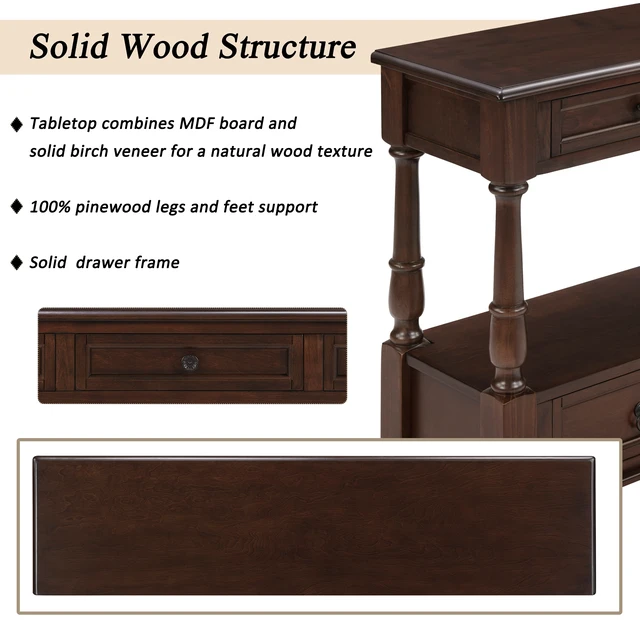 Alt view image 5 of 7 - Solid Console Table with 6 Drawers and Shelf, Tier Couch Table for Living Entrance, Espresso, Pine