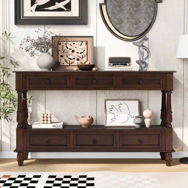 Alt view image 2 of 7 - Solid Console Table with 6 Drawers and Shelf, Tier Couch Table for Living Entrance, Espresso, Pine