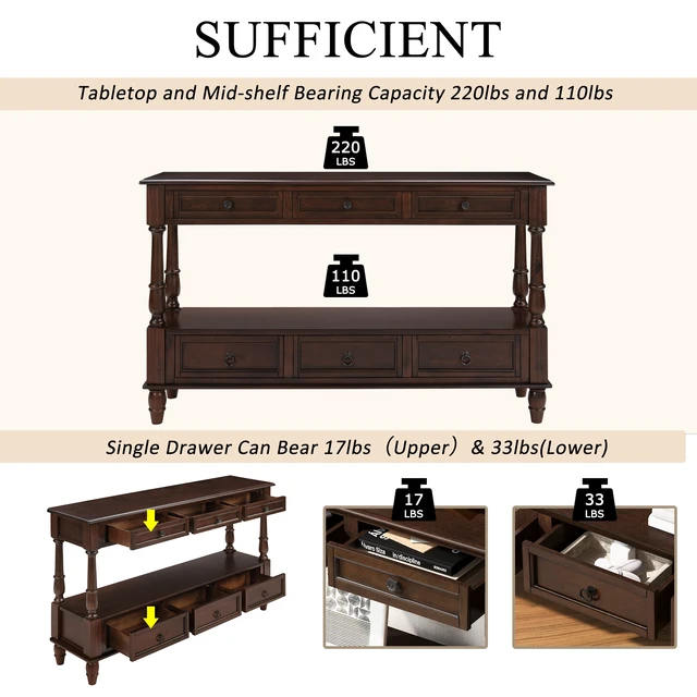 Alt view image 7 of 7 - Solid Console Table with 6 Drawers and Shelf, Tier Couch Table for Living Entrance, Espresso, Pine