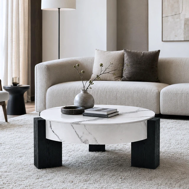 Alt view image 2 of 7 - 33 Inch Round Storage Coffee Table, Marble Grain Coffee Table with Removable Lid Hidden Storage Center with Wood Legs