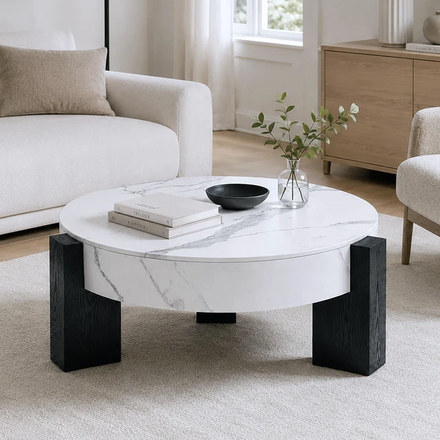 Alt view image 3 of 7 - 33 Inch Round Storage Coffee Table, Marble Grain Coffee Table with Removable Lid Hidden Storage Center with Wood Legs