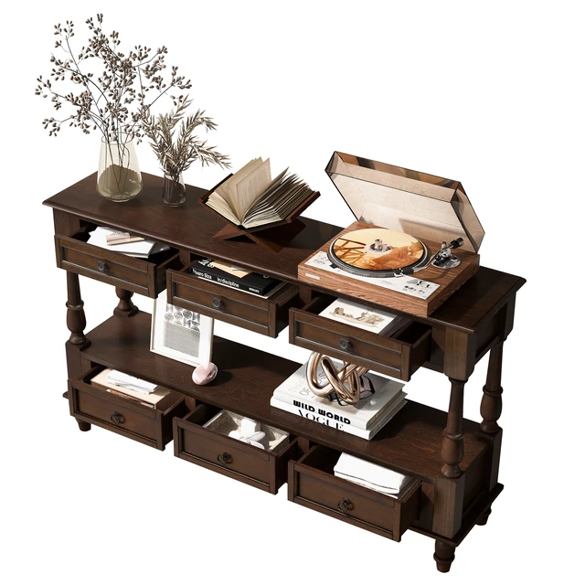 Alt view image 3 of 7 - Solid Console Table with 6 Drawers and Shelf, Tier Couch Table for Living Entrance, Espresso, Pine