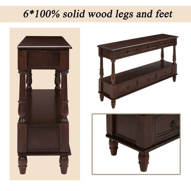 Alt view image 6 of 7 - Solid Console Table with 6 Drawers and Shelf, Tier Couch Table for Living Entrance, Espresso, Pine