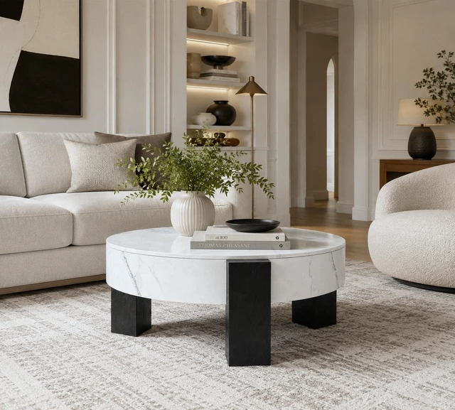 Alt view image 4 of 7 - 33 Inch Round Storage Coffee Table, Marble Grain Coffee Table with Removable Lid Hidden Storage Center with Wood Legs